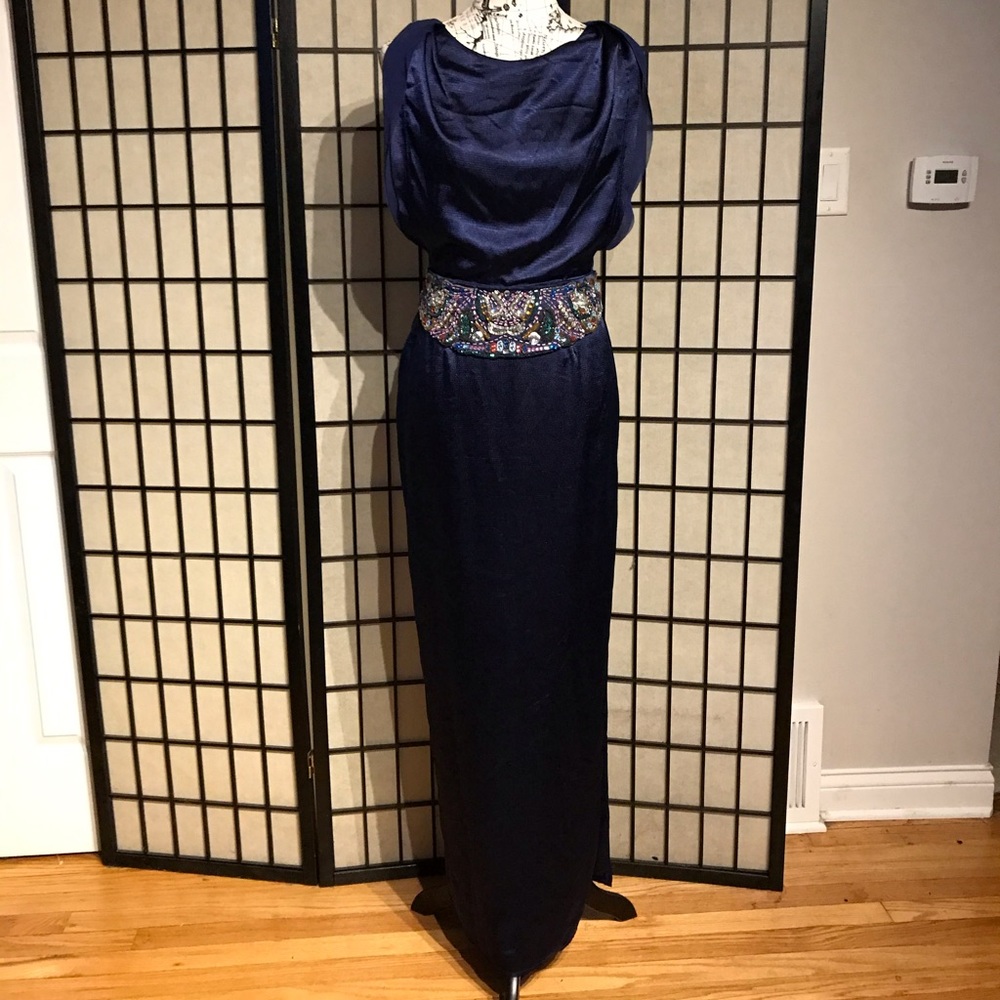 Jessica Simpson Satin Beads Bodice Low back Formal Evening Pencil embellish gown